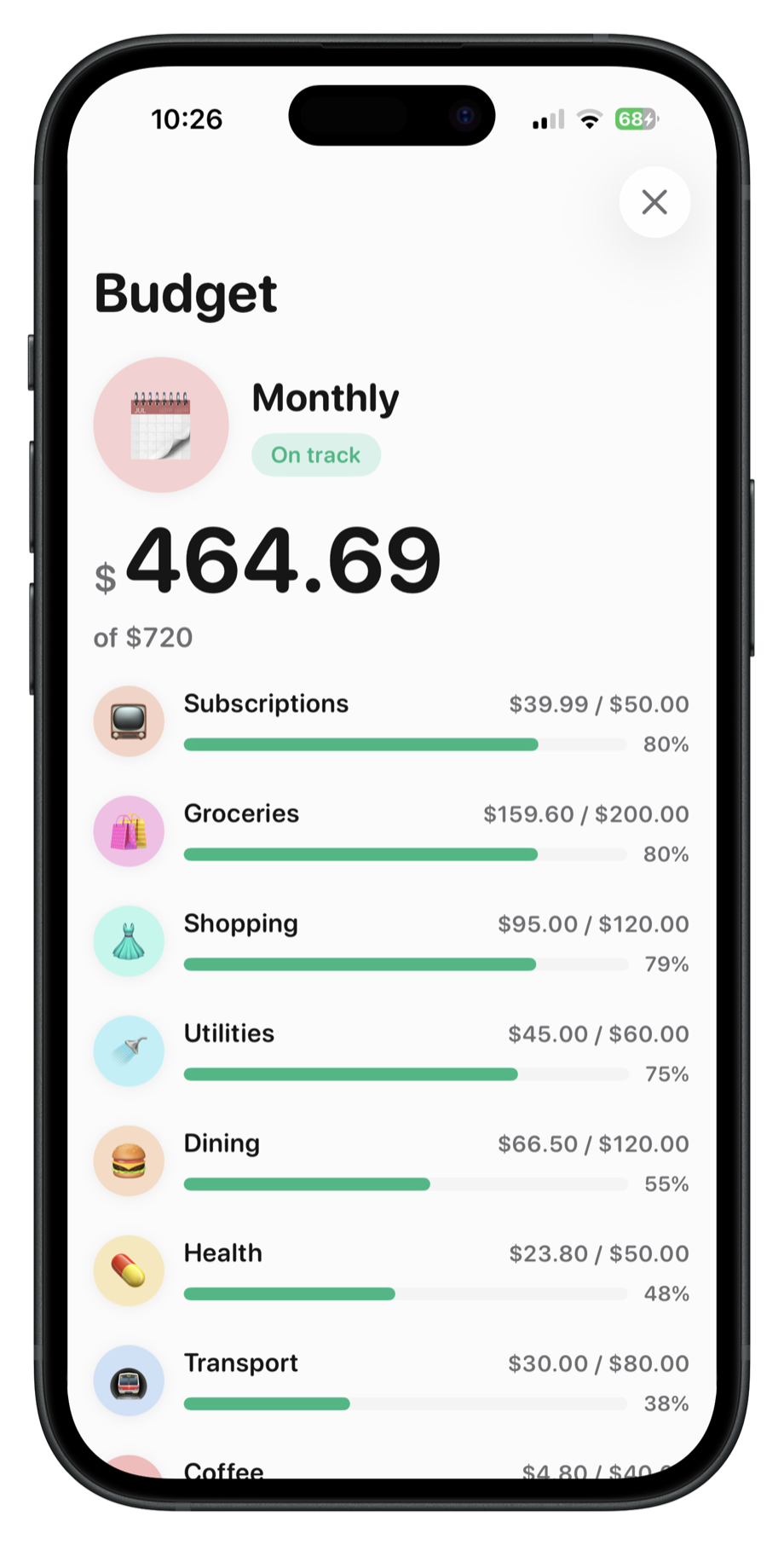 Tally budget screen - a monthly budget with progress bars per category