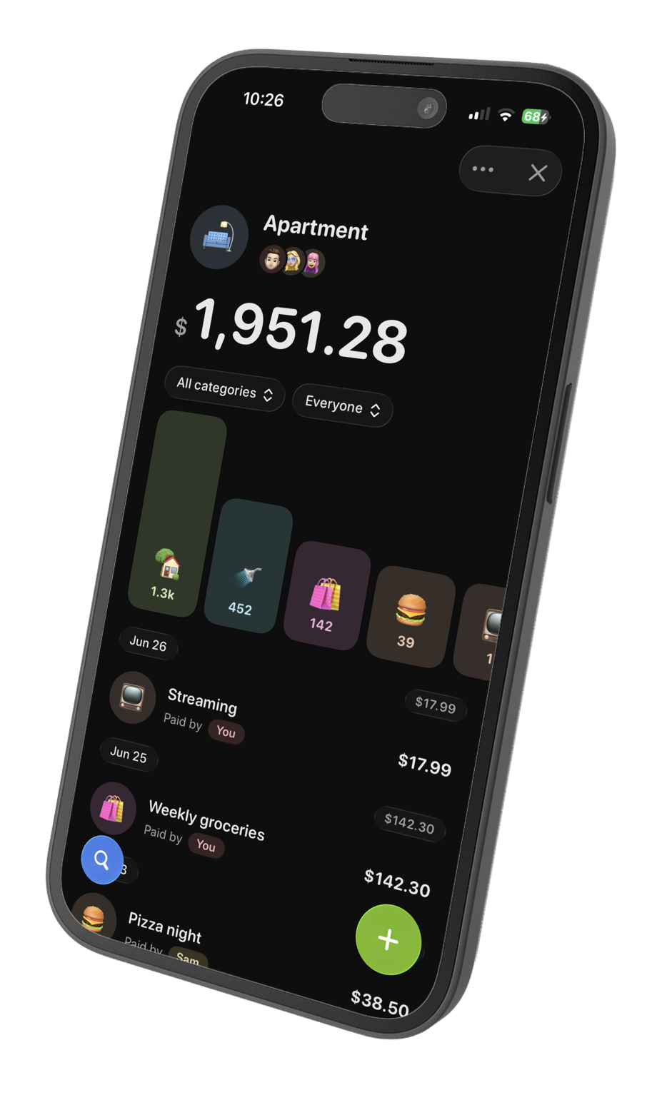 Tally in dark mode - an expense overview with a spending chart