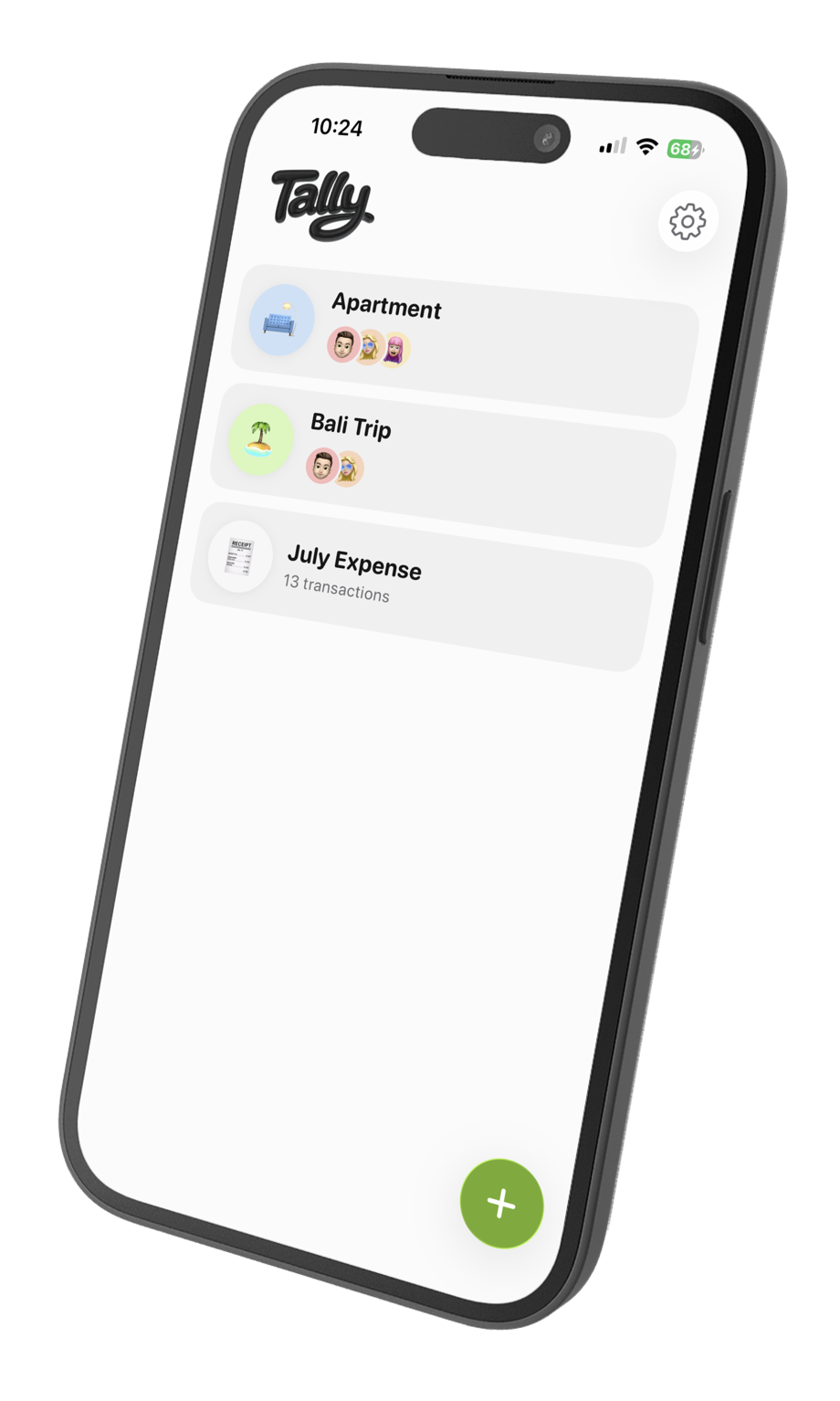 Tally home screen - a list of expenses like Apartment, Bali Trip and July Expense