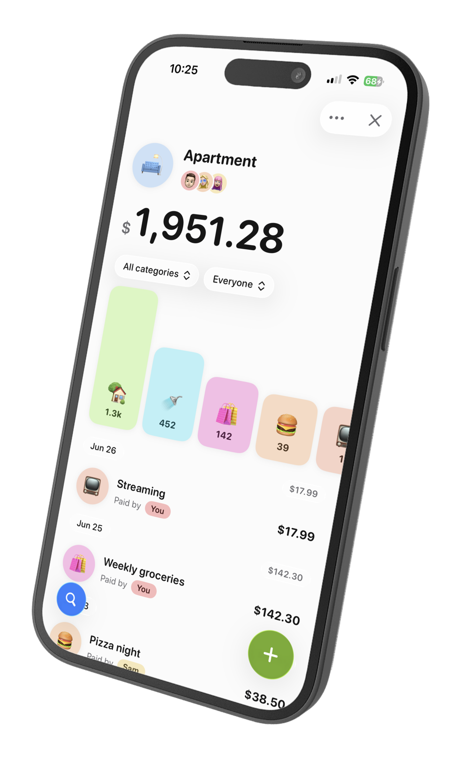 Tally on iPhone - an expense overview with a spending chart and recent transactions