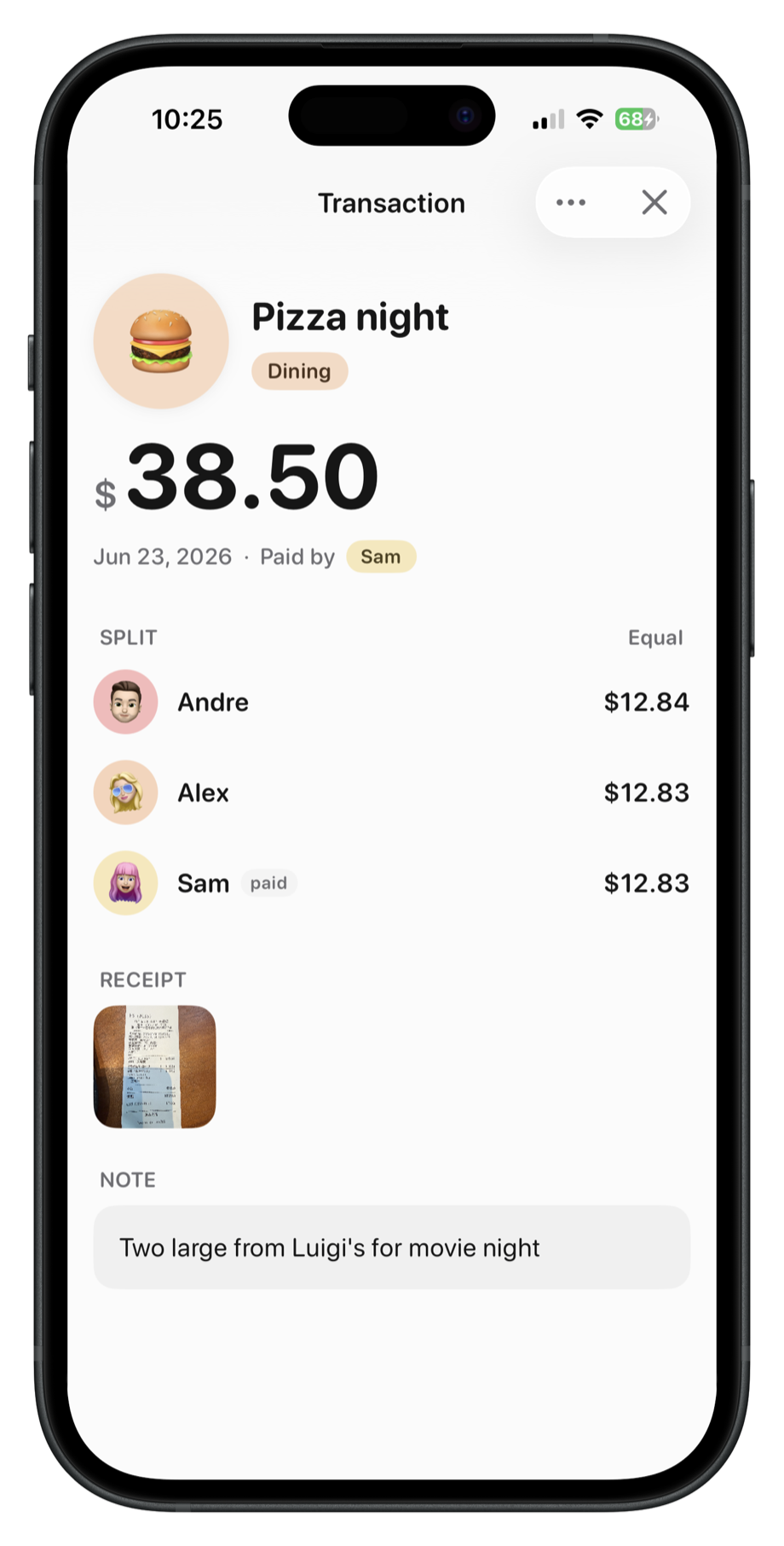 Tally transaction detail - a Pizza night bill split evenly between three people