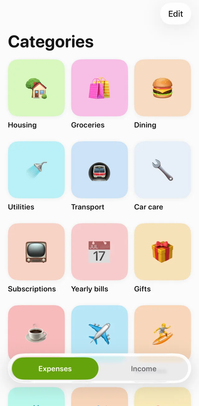 Tally's Categories page showing a grid of expense categories, each an emoji tile with a name: Housing, Groceries, Dining, Utilities, Transport, Car care, Subscriptions, Yearly bills, Gifts and more, with an Expenses and Income switch at the bottom