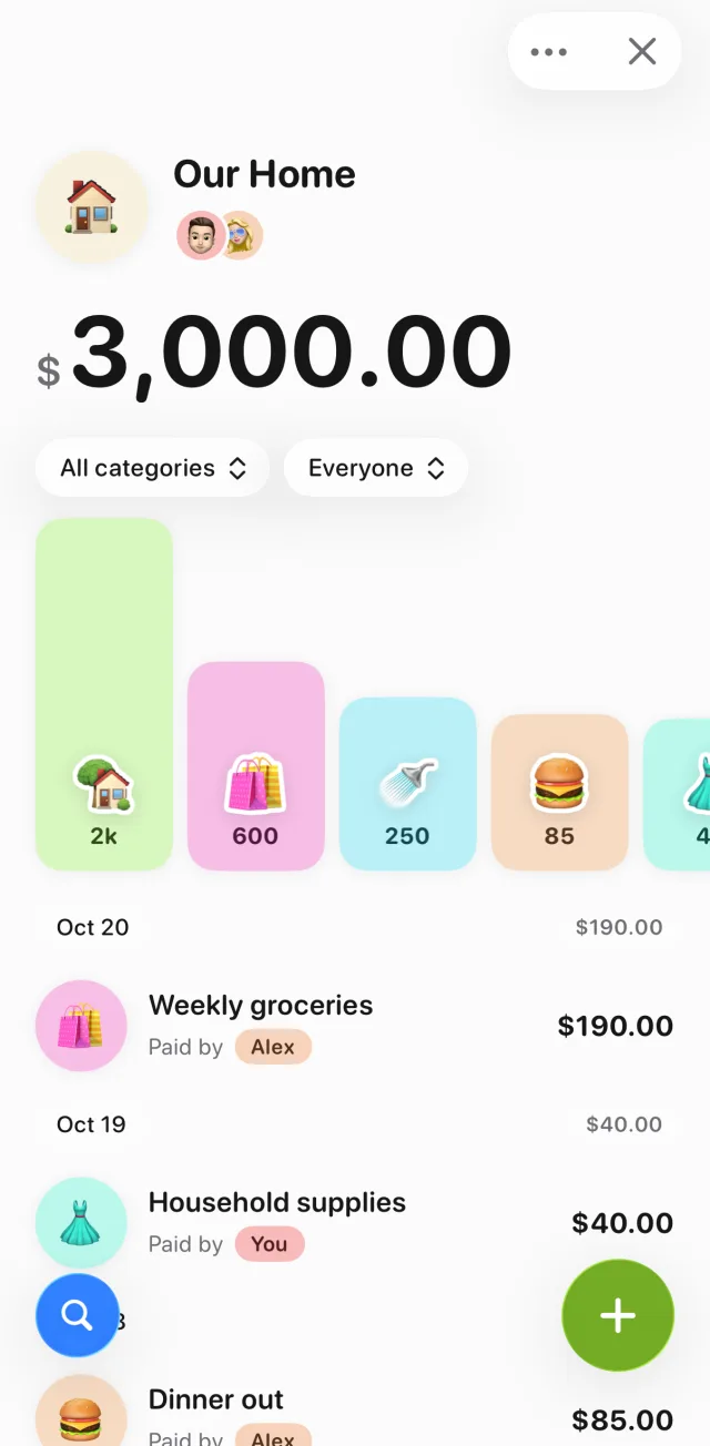 The Our Home expense in Tally: $3,000 of shared bills for two people, with a category chart and bills like Weekly groceries, Household supplies and Dinner out, each showing who paid