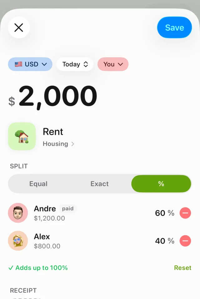 Adding a $2,000 rent payment in Tally, paid by you and split by percentage: Andre (you) 60%, $1,200.00, and Alex 40%, $800.00, with a check that it adds up to 100%