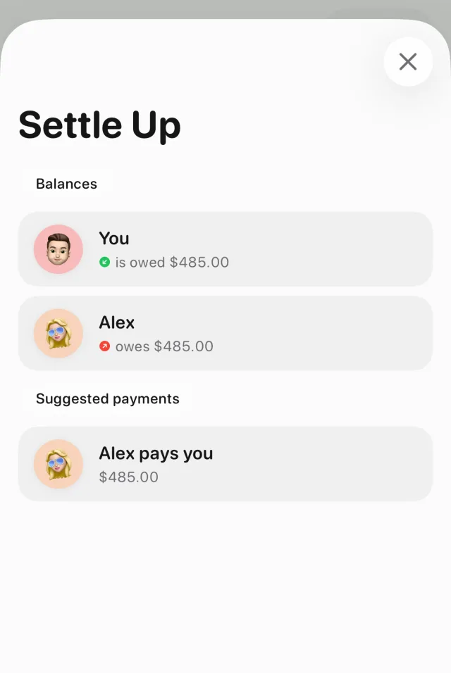 Tally's Settle Up screen for the couple: You are owed $485.00 and Alex owes $485.00, with one suggested payment, Alex pays you $485.00