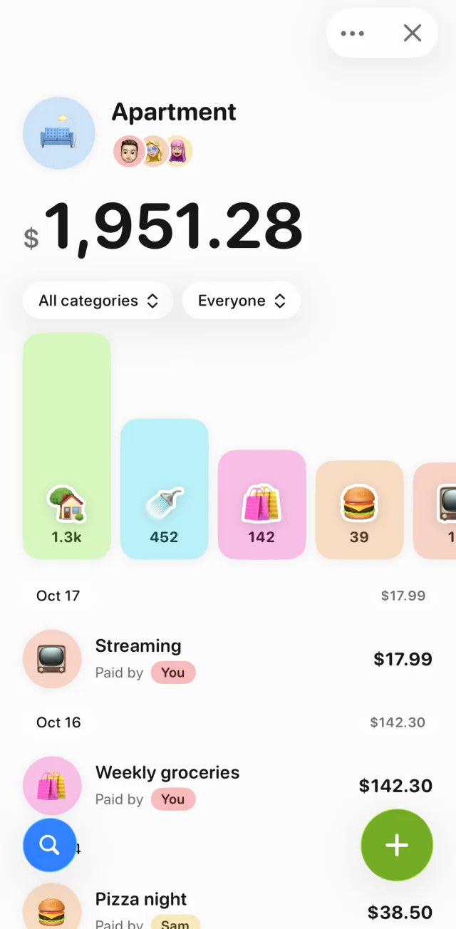 The Apartment expense in Tally: $1,951.28 spent by three roommates, with a category chart and bills like Streaming, Weekly groceries and Pizza night, each showing who paid