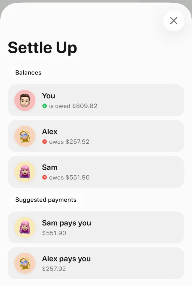 Tally's Settle Up screen: You are owed $809.82, Alex owes $257.92, Sam owes $551.90, with two suggested payments, Sam pays you $551.90 and Alex pays you $257.92
