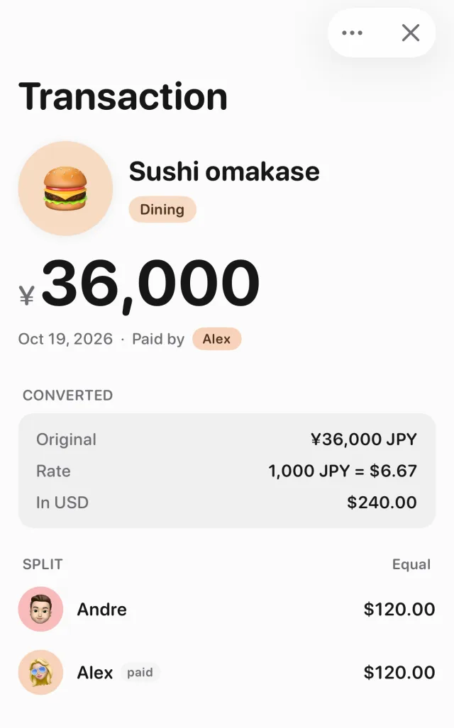 A Sushi omakase bill in Tally: ¥36,000 paid by Alex, converted at a rate of 1,000 JPY = $6.67 to $240.00, split equally between Andre and Alex at $120.00 each