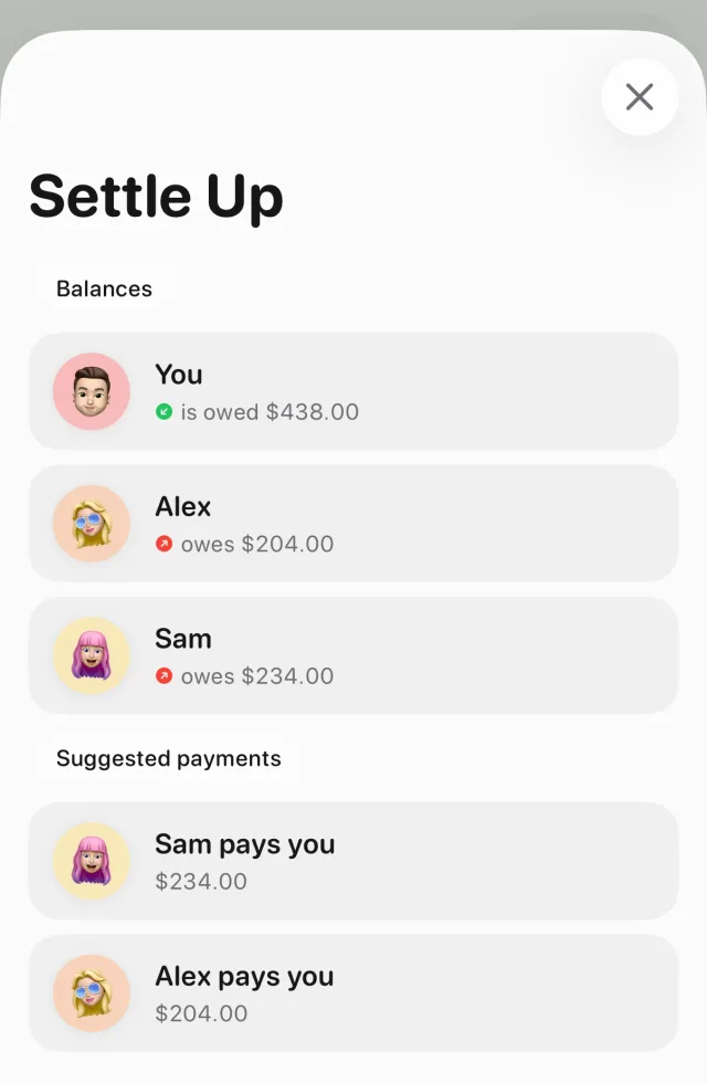 Tally's Settle Up screen for the Tokyo trip: You are owed $438.00, Alex owes $204.00, Sam owes $234.00, with two suggested payments, Sam pays you $234.00 and Alex pays you $204.00