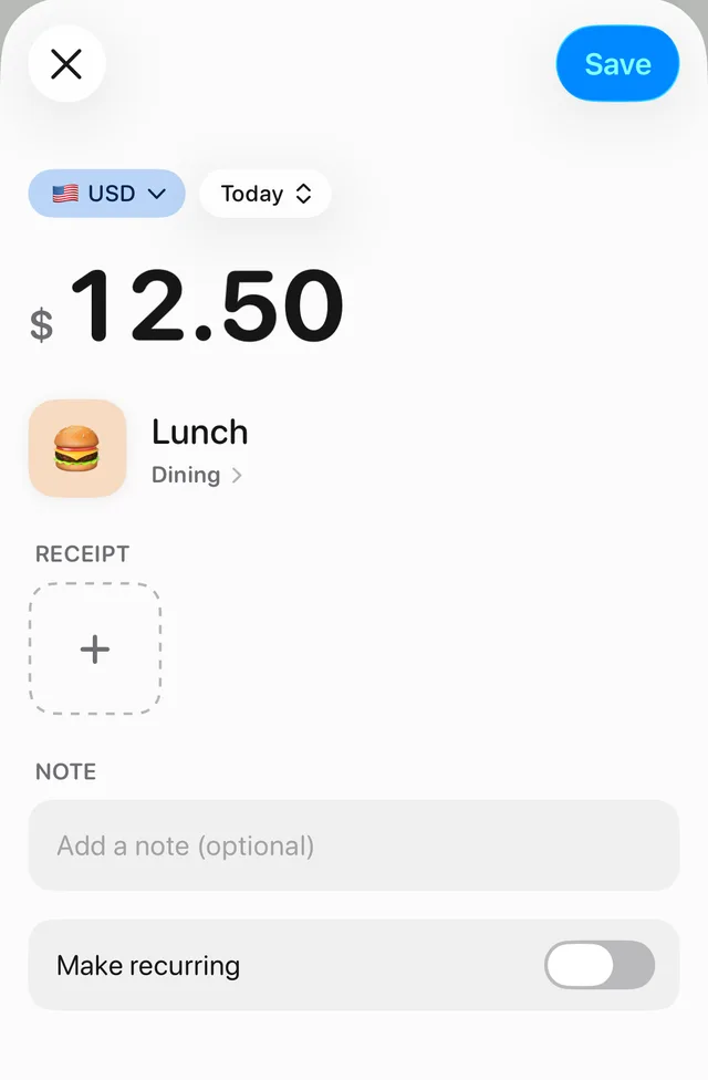 Adding a $12.50 lunch to the Everyday spending expense in Tally: amount, title, the Dining category and today's date, with no split or payer options because it's a personal expense